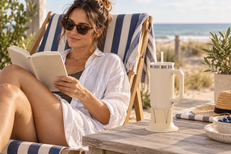 Woman reading in striped beach chair straw tumbler on stable solid wide table at reachable height. AI lifestyle illustration.