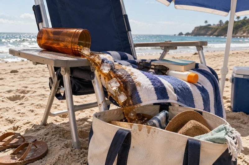 Reaching for sunscreen knocks cup at chair side; tea wets beach bag and towel. AI illustration.